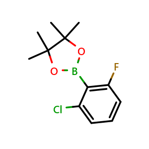 Chemical structure of 2-(2-Chloro-6-fluorophenyl)-4,4,5,5-tetramethyl-1,3,2-dioxaborolane , CAS 1599432-38-8, AChemBlock Y220846