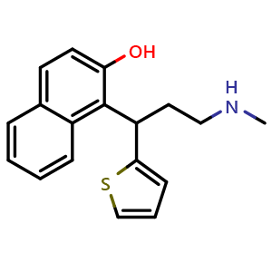 Chemical structure of 1-(3-(Methylamino)-1-(thiophen-2-yl)propyl)naphthalen-2-ol , CAS 1346599-09-4, AChemBlock Y220880