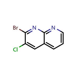 Chemical structure of 2-Bromo-3-chloro-1,8-naphthyridine , CAS 52626-32-1, AChemBlock Y220934