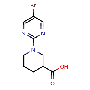 Chemical structure of 1-(5-Bromo-2-pyrimidinyl)-3-piperidinecarboxylic acid , CAS 799283-93-5, AChemBlock Y221010