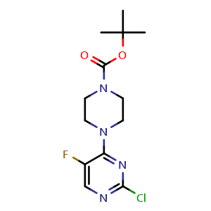 Chemical structure of tert-Butyl 4-(2-chloro-5-fluoropyrimidin-4-yl)piperazine-1-carboxylate , CAS 1338495-22-9, AChemBlock Y221040