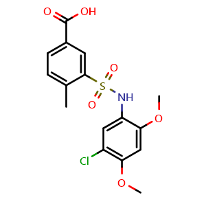 Chemical structure of 3-[(5-chloro-2,4-dimethoxyphenyl)sulfamoyl]-4-methylbenzoic acid , CAS 438021-93-3, AChemBlock Y221135