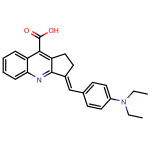 Chemical structure of 3-{[4-(diethylamino)phenyl]methylidene}-1H,2H,3H-cyclopenta[b]quinoline-9-carboxylic acid , CAS 726157-44-4, AChemBlock Y221150