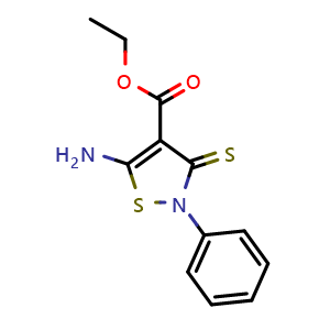 Chemical structure of Ethyl 5-amino-2-phenyl-3-sulfanylidene-2,3-dihydro-1,2-thiazole-4-carboxylate , CAS 380442-79-5, AChemBlock Y221187