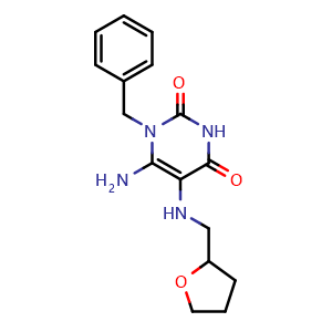 Chemical structure of 6-Amino-1-(phenylmethyl)-5-[[(tetrahydro-2-furanyl)methyl]amino]-2,4(1H,3H)-pyrimidinedione , CAS 728898-91-7, AChemBlock Y221188