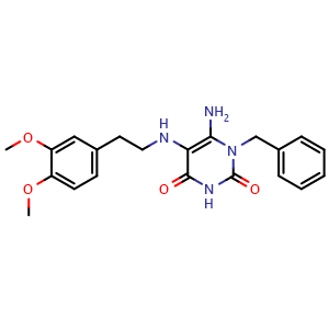 Chemical structure of 6-Amino-1-benzyl-5-{[2-(3,4-dimethoxyphenyl)ethyl]amino}-1,2,3,4-tetrahydropyrimidine-2,4-dione , CAS 554405-18-4, AChemBlock Y221190