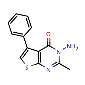 Chemical structure of 3-Amino-2-methyl-5-phenyl-3H,4H-thieno[2,3-d]pyrimidin-4-one , CAS 43088-51-3, AChemBlock Y221206