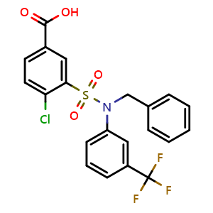 Chemical structure of 3-{benzyl[3-(trifluoromethyl)phenyl]sulfamoyl}-4-chlorobenzoic acid , CAS 721418-23-1, AChemBlock Y221220