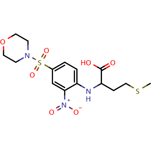 Chemical structure of 4-(Methylsulfanyl)-2-{[4-(morpholine-4-sulfonyl)-2-nitrophenyl]amino}butanoic acid , CAS 1008673-55-9, AChemBlock Y221228
