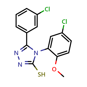 Chemical structure of 4-(5-Chloro-2-methoxyphenyl)-5-(3-chlorophenyl)-4H-1,2,4-triazole-3-thiol , CAS 721916-31-0, AChemBlock Y221231
