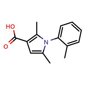 Chemical structure of 2,5-Dimethyl-1-(2-methylphenyl)-1H-pyrrole-3-carboxylic acid , CAS 500728-34-7, AChemBlock Y221235