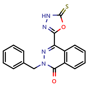 Chemical structure of 4-(4,5-Dihydro-5-thioxo-1,3,4-oxadiazol-2-yl)-2-(phenylmethyl)-1(2H)-phthalazinone , CAS 571149-76-3, AChemBlock Y221241