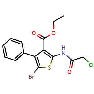 Chemical structure of Ethyl 5-bromo-2-(2-chloroacetamido)-4-phenylthiophene-3-carboxylate , CAS 554405-83-3, AChemBlock Y221247