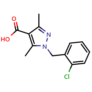 Chemical structure of 1-[(2-chlorophenyl)methyl]-3,5-dimethyl-1h-pyrazole-4-carboxylic acid , CAS 882233-17-2, AChemBlock Y221267