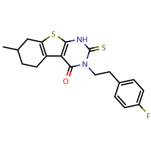 Chemical structure of 3-[2-(4-Fluorophenyl)ethyl]-2,3,5,6,7,8-hexahydro-7-methyl-2-thioxo[1]benzothieno[2,3-d]pyrimidin-4(1H)-one , CAS 565179-71-7, AChemBlock Y221275