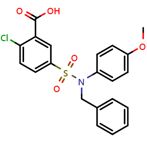 Chemical structure of 5-[benzyl(4-methoxyphenyl)sulfamoyl]-2-chlorobenzoic acid , CAS 565198-70-1, AChemBlock Y221277
