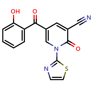 Chemical structure of 5-(2-Hydroxybenzoyl)-2-oxo-1-(1,3-thiazol-2-yl)-1,2-dihydropyridine-3-carbonitrile , CAS 725717-42-0, AChemBlock Y221283