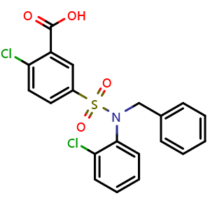 Chemical structure of 5-[benzyl(2-chlorophenyl)sulfamoyl]-2-chlorobenzoic acid , CAS 735322-08-4, AChemBlock Y221286