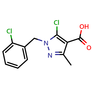 Chemical structure of 5-Chloro-1-[(2-chlorophenyl)methyl]-3-methyl-1h-pyrazole-4-carboxylic acid , CAS 956374-18-8, AChemBlock Y221290