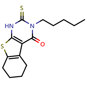 Chemical structure of 2,3,5,6,7,8-Hexahydro-3-pentyl-2-thioxo[1]benzothieno[2,3-d]pyrimidin-4(1H)-one , CAS 565171-27-9, AChemBlock Y221295