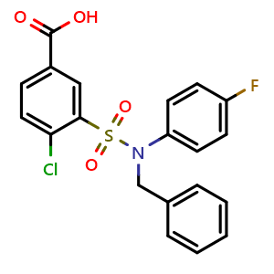 Chemical structure of 3-[benzyl(4-fluorophenyl)sulfamoyl]-4-chlorobenzoic acid , CAS 727704-67-8, AChemBlock Y221298