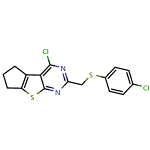 Chemical structure of 4-Chloro-2-[[(4-chlorophenyl)thio]methyl]-6,7-dihydro-5H-cyclopenta[4,5]thieno[2,3-d]pyrimidine , CAS 727718-10-7, AChemBlock Y221299