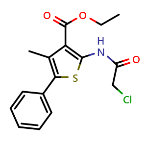 Chemical structure of Ethyl 2-(2-chloroacetamido)-4-methyl-5-phenylthiophene-3-carboxylate , CAS 731820-85-2, AChemBlock Y221303