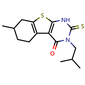 Chemical structure of 2,3,5,6,7,8-Hexahydro-7-methyl-3-(2-methylpropyl)-2-thioxo[1]benzothieno[2,3-d]pyrimidin-4(1H)-one , CAS 728941-35-3, AChemBlock Y221310