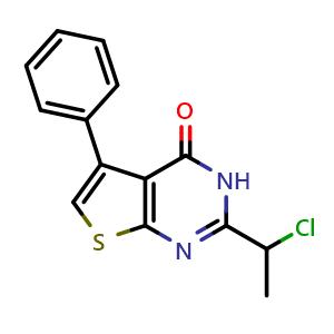 Chemical structure of 2-(1-Chloroethyl)-5-phenyl-3h,4h-thieno[2,3-d]pyrimidin-4-one , CAS 733030-57-4, AChemBlock Y221316