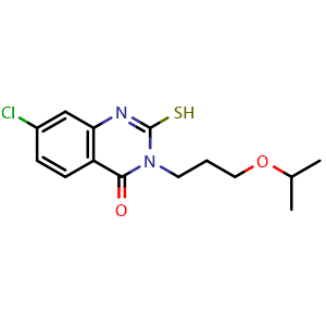 Chemical structure of 7-Chloro-3-[3-(propan-2-yloxy)propyl]-2-sulfanyl-3,4-dihydroquinazolin-4-one , CAS 749920-45-4, AChemBlock Y221367