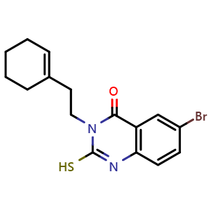 Chemical structure of 6-Bromo-3-[2-(cyclohex-1-en-1-yl)ethyl]-2-sulfanyl-3,4-dihydroquinazolin-4-one , CAS 403727-60-6, AChemBlock Y221392