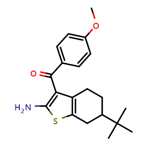 Chemical structure of 6-tert-Butyl-3-(4-methoxybenzoyl)-4,5,6,7-tetrahydro-1-benzothiophen-2-amine , CAS 793678-86-1, AChemBlock Y221401