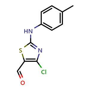 Chemical structure of 4-Chloro-2-[(4-methylphenyl)amino]-1,3-thiazole-5-carbaldehyde , CAS 438029-51-7, AChemBlock Y221404