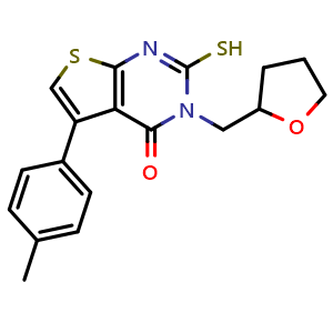Chemical structure of 5-(4-Methylphenyl)-3-(oxolan-2-ylmethyl)-2-sulfanyl-3h,4h-thieno[2,3-d]pyrimidin-4-one , CAS 793716-03-7, AChemBlock Y221410