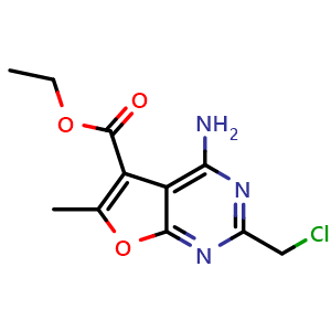 Chemical structure of Ethyl 4-amino-2-(chloromethyl)-6-methylfuro[2,3-d]pyrimidine-5-carboxylate , CAS 796067-48-6, AChemBlock Y221421