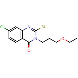 Chemical structure of 7-Chloro-3-(3-ethoxypropyl)-2-sulfanyl-3,4-dihydroquinazolin-4-one , CAS 796067-61-3, AChemBlock Y221424