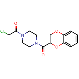 Chemical structure of 2-Chloro-1-[4-(2,3-dihydro-1,4-benzodioxine-2-carbonyl)piperazin-1-yl]ethan-1-one , CAS 857041-80-6, AChemBlock Y221497