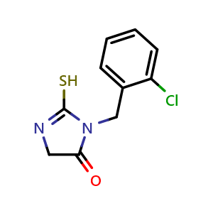 Chemical structure of 1-[(2-chlorophenyl)methyl]-2-sulfanyl-4,5-dihydro-1h-imidazol-5-one , CAS 90772-94-4, AChemBlock Y221505