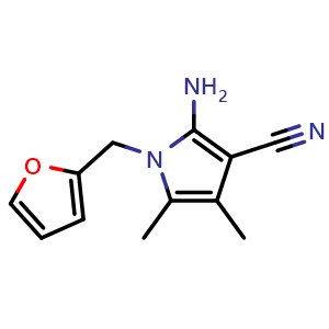 Chemical structure of 2-Amino-1-(furan-2-ylmethyl)-4,5-dimethyl-1h-pyrrole-3-carbonitrile , CAS 103026-02-4, AChemBlock Y221509
