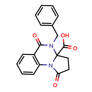 Chemical structure of 4-Benzyl-1,5-dioxo-1h,2h,3h,3ah,4h,5h-pyrrolo[1,2-a]quinazoline-3a-carboxylic acid , CAS 852706-19-5, AChemBlock Y221536