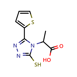 Chemical structure of 2-[3-sulfanyl-5-(thiophen-2-yl)-4h-1,2,4-triazol-4-yl]propanoic acid , CAS 854137-71-6, AChemBlock Y221556