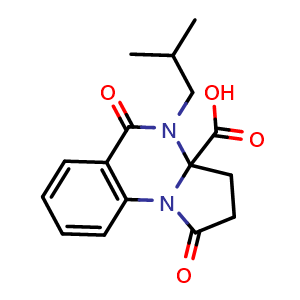 Chemical structure of 4-(2-Methylpropyl)-1,5-dioxo-1h,2h,3h,3ah,4h,5h-pyrrolo[1,2-a]quinazoline-3a-carboxylic acid , CAS 863669-58-3, AChemBlock Y221583