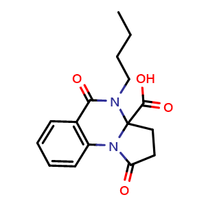 Chemical structure of 4-Butyl-1,5-dioxo-1h,2h,3h,3ah,4h,5h-pyrrolo[1,2-a]quinazoline-3a-carboxylic acid , CAS 863669-61-8, AChemBlock Y221585