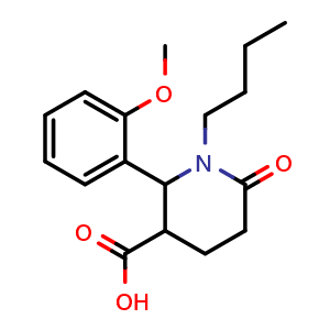 Chemical structure of 1-Butyl-2-(2-methoxyphenyl)-6-oxopiperidine-3-carboxylic acid , CAS 872319-76-1, AChemBlock Y221590