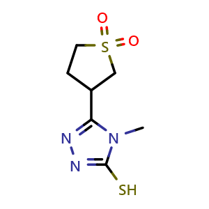 Chemical structure of 3-(4-Methyl-5-sulfanyl-4h-1,2,4-triazol-3-yl)-1lambda6-thiolane-1,1-dione , CAS 869464-88-0, AChemBlock Y221597
