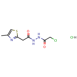 Chemical structure of n'-(2-Chloroacetyl)-2-(4-methyl-1,3-thiazol-2-yl)acetohydrazide hydrochloride , CAS 1052550-07-8, AChemBlock Y221610