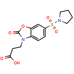 Chemical structure of 3-[2-oxo-6-(pyrrolidine-1-sulfonyl)-2,3-dihydro-1,3-benzoxazol-3-yl]propanoic acid , CAS 873790-30-8, AChemBlock Y221658