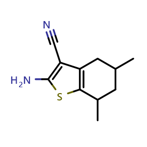 Chemical structure of 2-Amino-5,7-dimethyl-4,5,6,7-tetrahydro-1-benzothiophene-3-carbonitrile , CAS 41543-76-4, AChemBlock Y221662