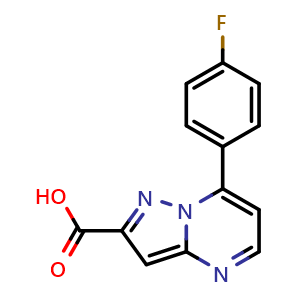 Chemical structure of 7-(4-Fluorophenyl)pyrazolo[1,5-a]pyrimidine-2-carboxylic acid , CAS 828276-01-3, AChemBlock Y221667