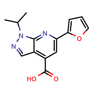 Chemical structure of 6-(Furan-2-yl)-1-(propan-2-yl)-1h-pyrazolo[3,4-b]pyridine-4-carboxylic acid , CAS 900137-06-6, AChemBlock Y221723